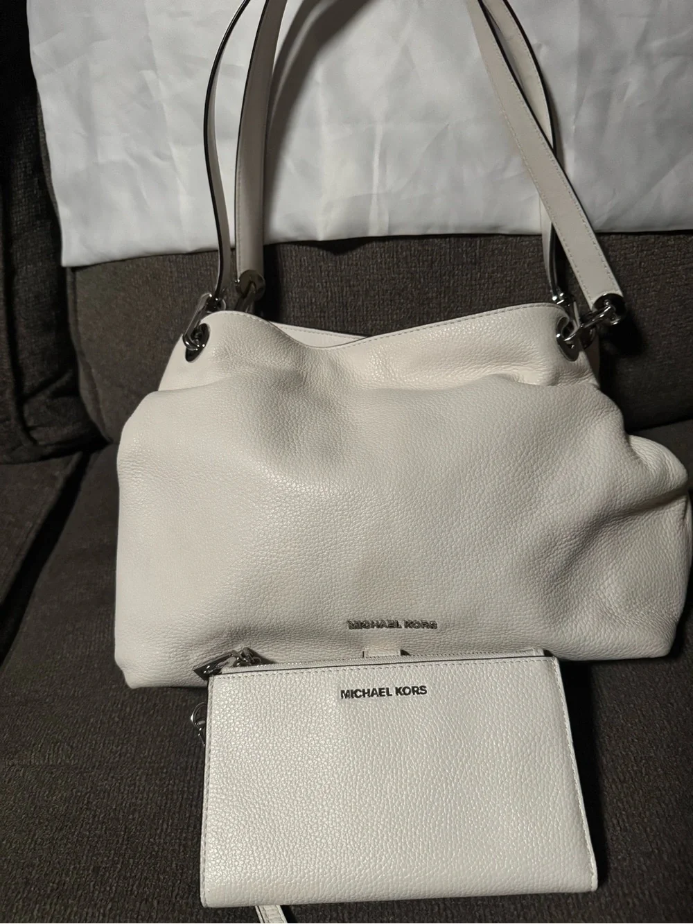 Michael Kors Ivory Pebbled Leather Shoulder Hobo with Wristlet